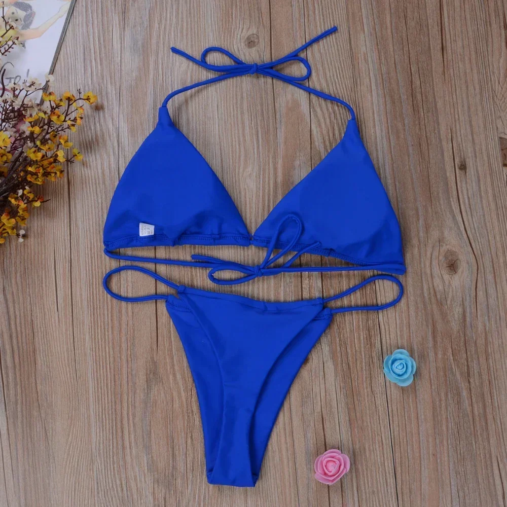 Pink Swimsuit Bikini Women Solid Color Sexy High Leg Thong Swimwear Bikinis Sets Female 2 Piece Bathing Suit Beachwear thumbnail 2