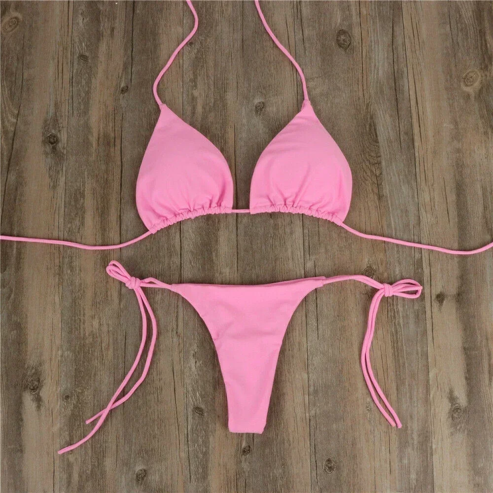 Pink Swimsuit Bikini Women Solid Color Sexy High Leg Thong Swimwear Bikinis Sets Female 2 Piece Bathing Suit Beachwear thumbnail 5