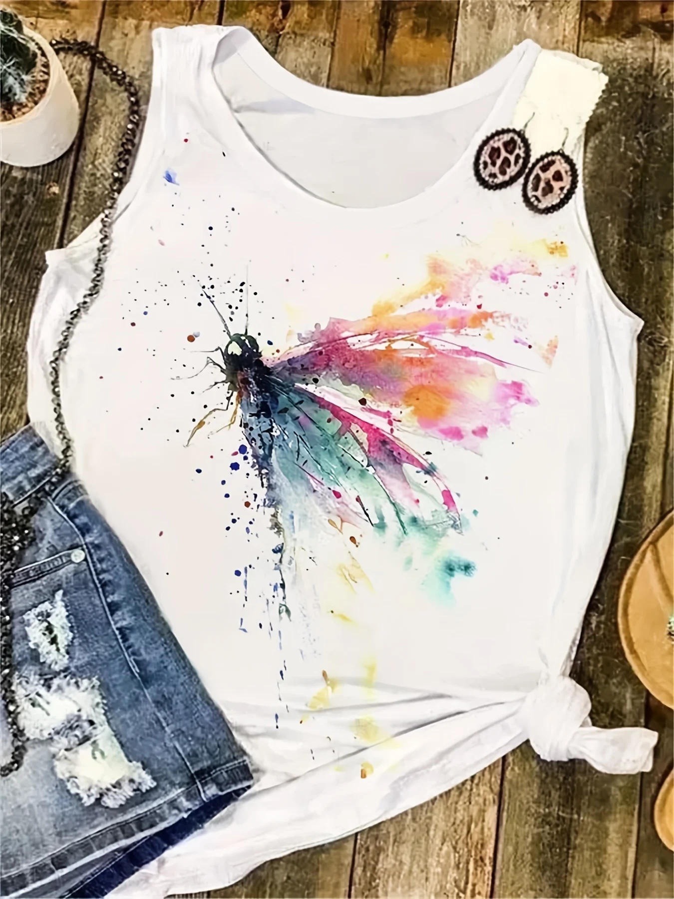 Women's Summer Colorful Dragonfly Print Large Casual Sleeveless Loose Tank Top T-shirt Tank Sleeveless Slim Vest Tops Streetwear thumbnail 2