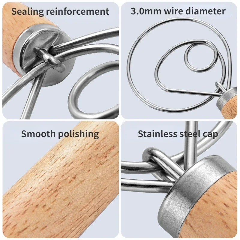 Cake Tools Danish Dough Whisk Stainless Steel Dutch Bread Dough Hand Mixer Wooden Handle Kitchen Baking Tools Artisian Blender thumbnail 5