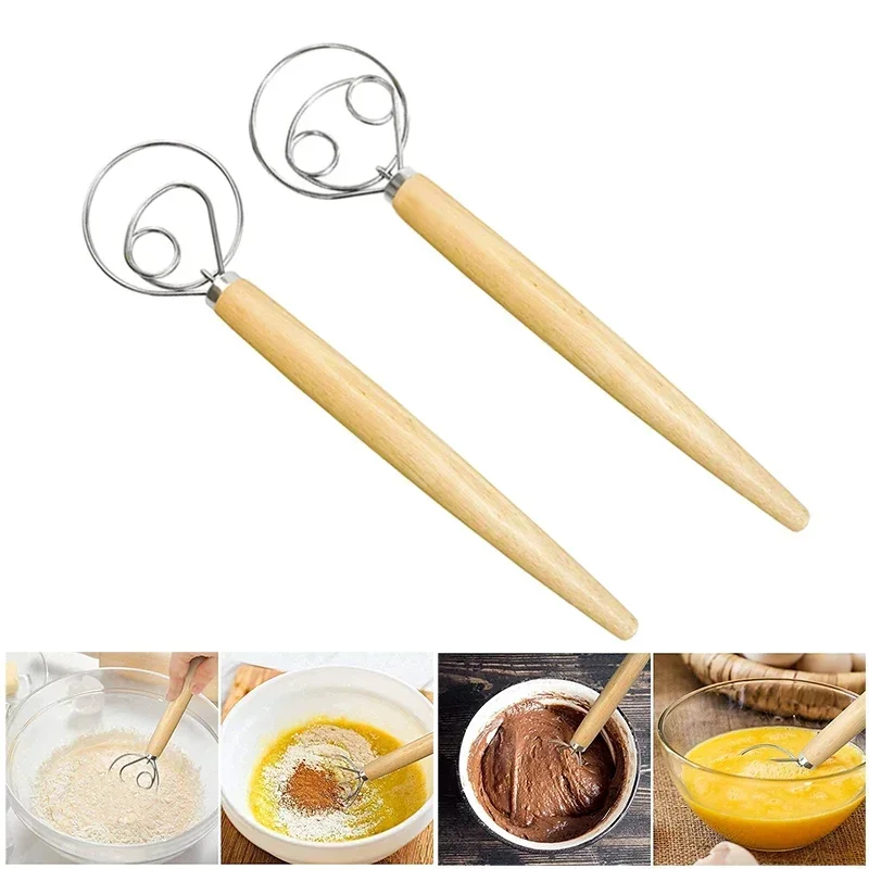 Cake Tools Danish Dough Whisk Stainless Steel Dutch Bread Dough Hand Mixer Wooden Handle Kitchen Baking Tools Artisian Blender thumbnail 2