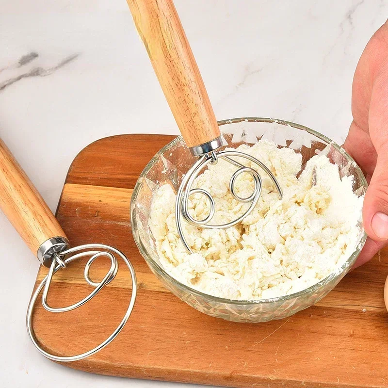 Cake Tools Danish Dough Whisk Stainless Steel Dutch Bread Dough Hand Mixer Wooden Handle Kitchen Baking Tools Artisian Blender thumbnail 4