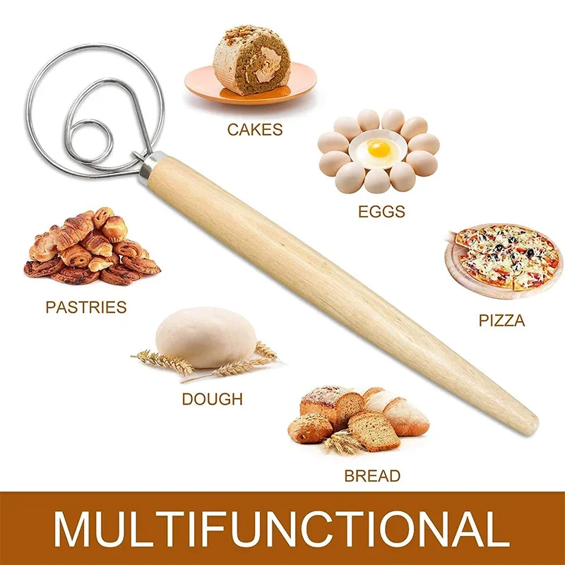 Cake Tools Danish Dough Whisk Stainless Steel Dutch Bread Dough Hand Mixer Wooden Handle Kitchen Baking Tools Artisian Blender thumbnail 3
