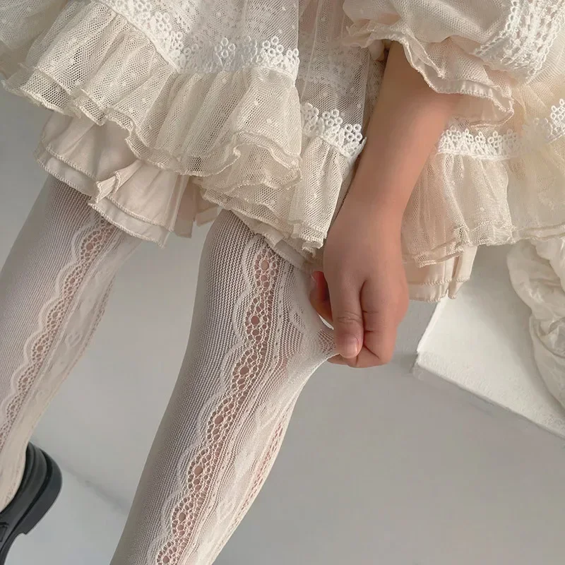 2025 New Summer Girls Tights Pure Cotton Breathable Mesh Beige White Black Children Princess Pantyhose Lolita Leggings For 2-12y thumbnail 6