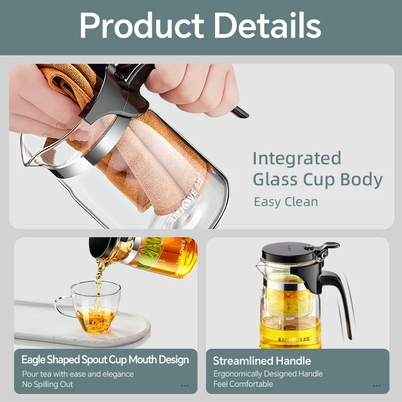 KAMJOVE Teapot Infuser Glass Tea Set One-button Filtering Tea Separation Kettle Tea Coffee Maker Press AUTO-OPEN Art Tea Cup thumbnail 4