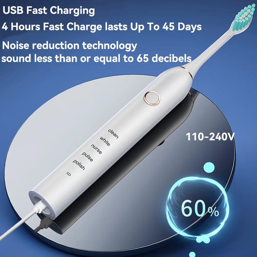 Sonic Electric Adult Toothbrush Rechargeable With 4 Replacement Brush Heads 5 Modes and 3 Intensity 2 Minute Intelligent Timer thumbnail 6