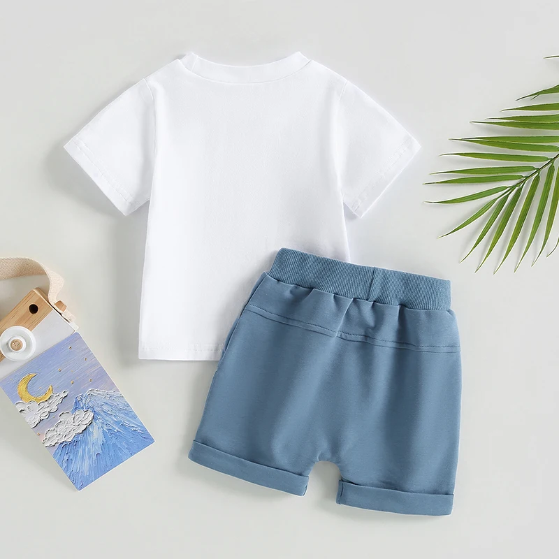 VISgogo Toddler Baby Boys Clothes Set Short Sleeve Letter Print T-shirt Elastic Waist Drawstring Shorts Summer Casual Outfit thumbnail 2