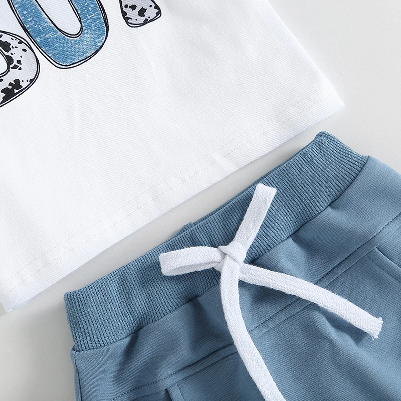 VISgogo Toddler Baby Boys Clothes Set Short Sleeve Letter Print T-shirt Elastic Waist Drawstring Shorts Summer Casual Outfit thumbnail 5