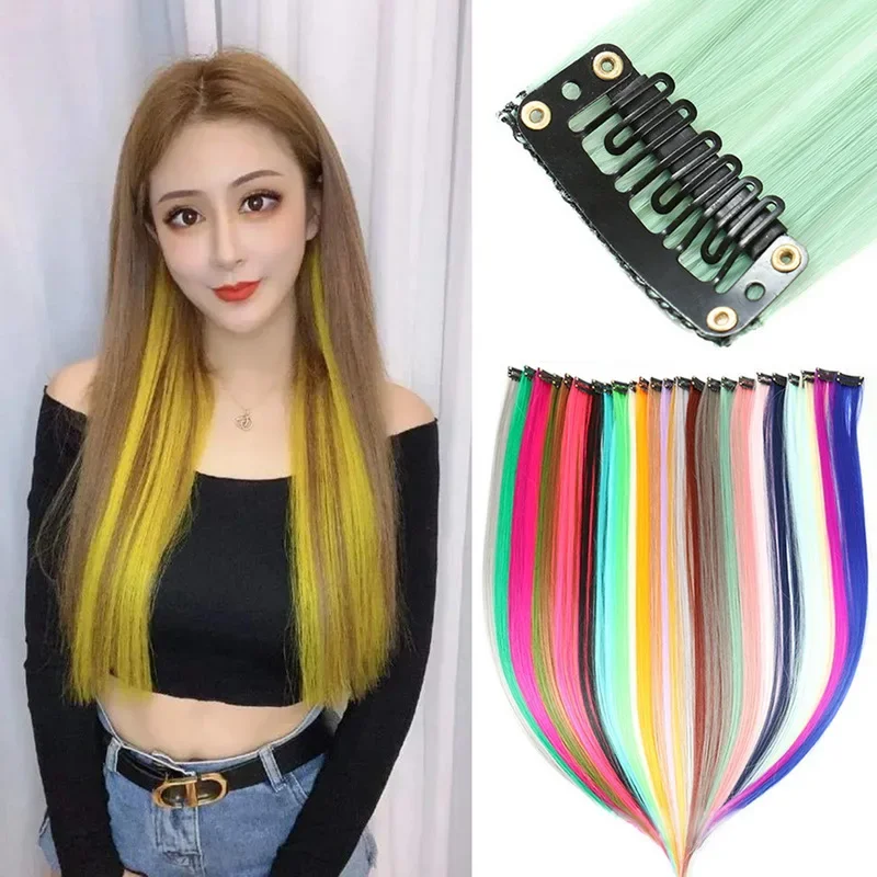 22 Inch Colored Highlight Synthetic Hair Extensions Rainbow Long Straight Hairpieces for Women Kids Girls Purple Pink Blue thumbnail 4
