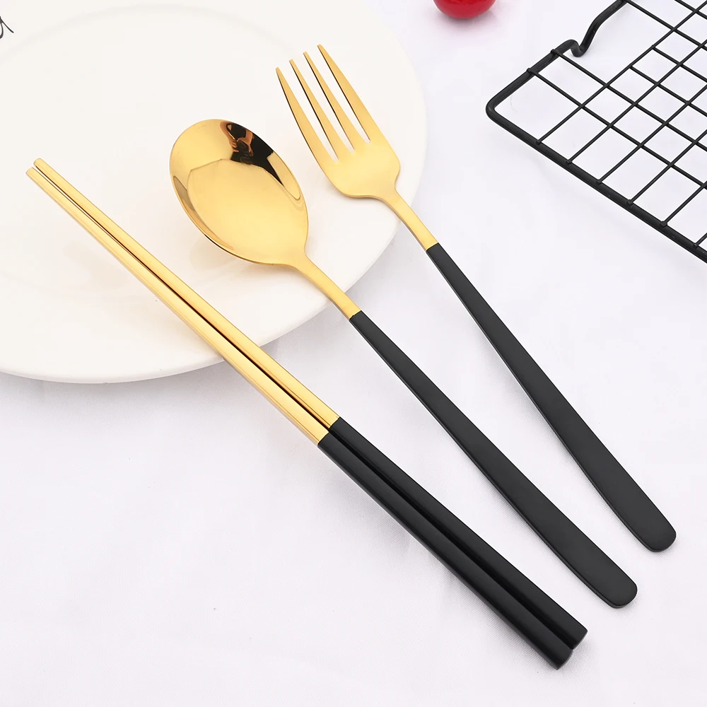 10Pcs Chopsticks Knife Fork Spoon Cutlery Set Black Gold Dinnerware Set Luxury 304 Stainless Steel Flatware Korean Tableware Set thumbnail 4
