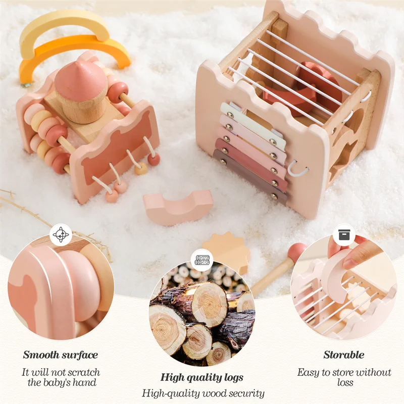 Montessori Toys Baby Wooden Castle Pink House Blocks Toys Puzzle Game Early Education Accessories Multifunctional Toy Baby Gifts thumbnail 2