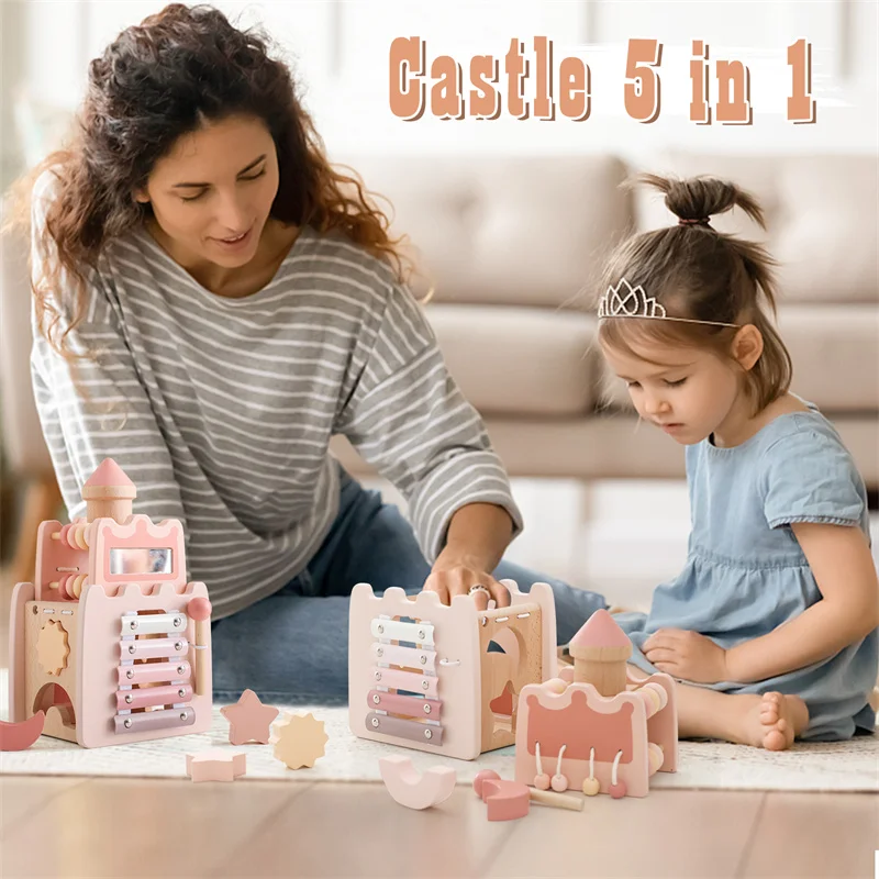Montessori Toys Baby Wooden Castle Pink House Blocks Toys Puzzle Game Early Education Accessories Multifunctional Toy Baby Gifts thumbnail 5