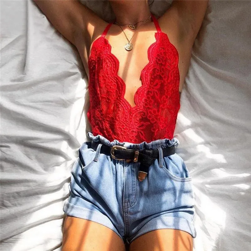 Women Sexy Bodysuit Sleeveless Backless V Neck Lace Short Dress Elegant Female Body Top One-piece Sling-back Lingerie Night Club thumbnail 6