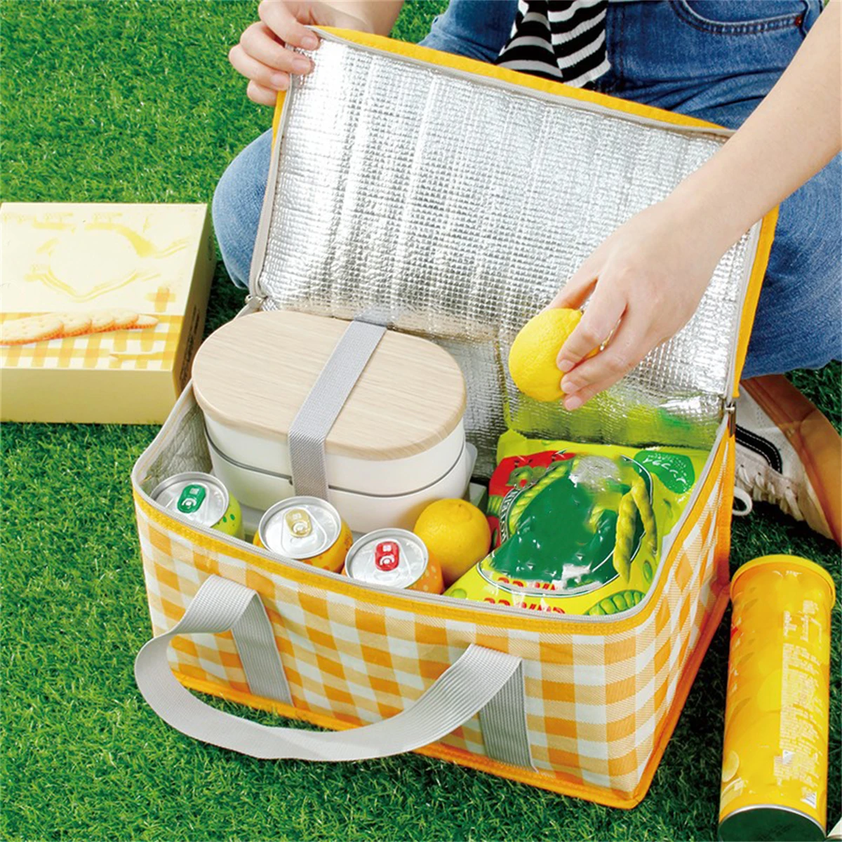 Outdoor portable thickened Insulated handbagstudent spring outing travel camping large capacity checkered picnic bag thumbnail 4
