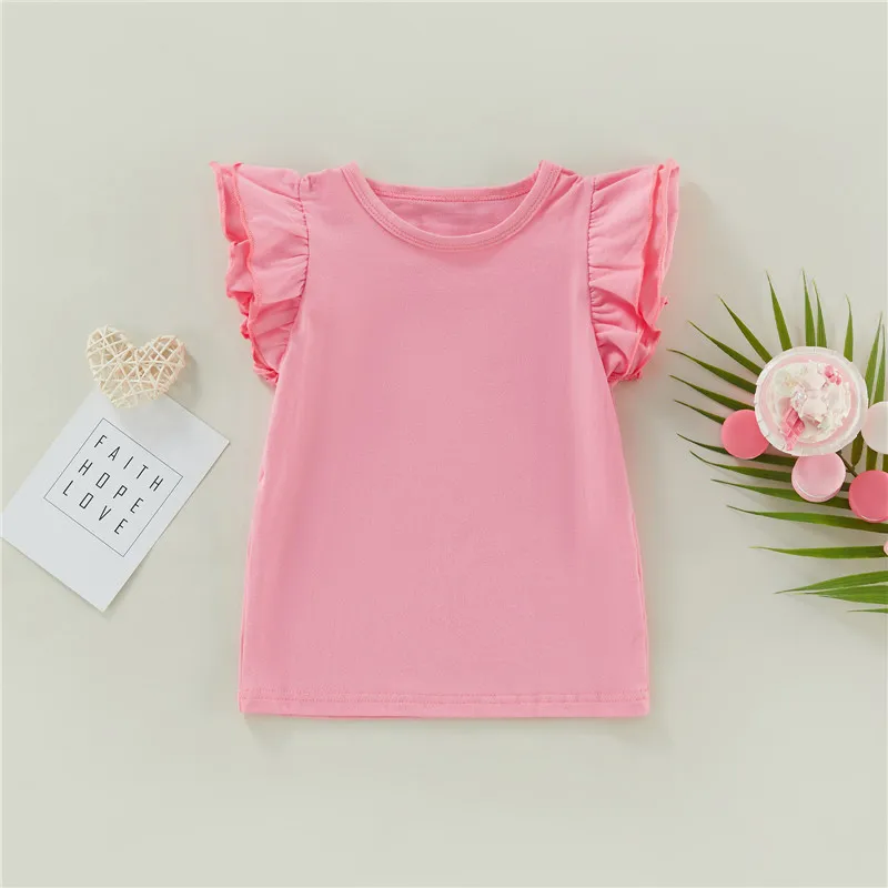 1-6Years Infant Girls T-Shirt Cotton Flying Sleeves T-Shirt For Girls Summer Solid Black White Pink Red Tee Tops thumbnail 3