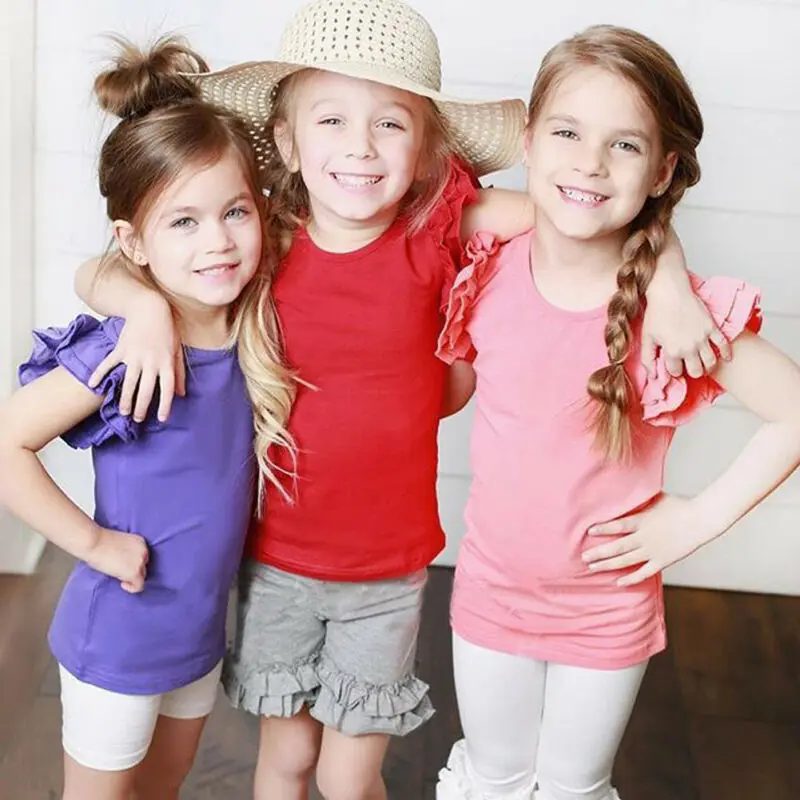 1-6Years Infant Girls T-Shirt Cotton Flying Sleeves T-Shirt For Girls Summer Solid Black White Pink Red Tee Tops thumbnail 2