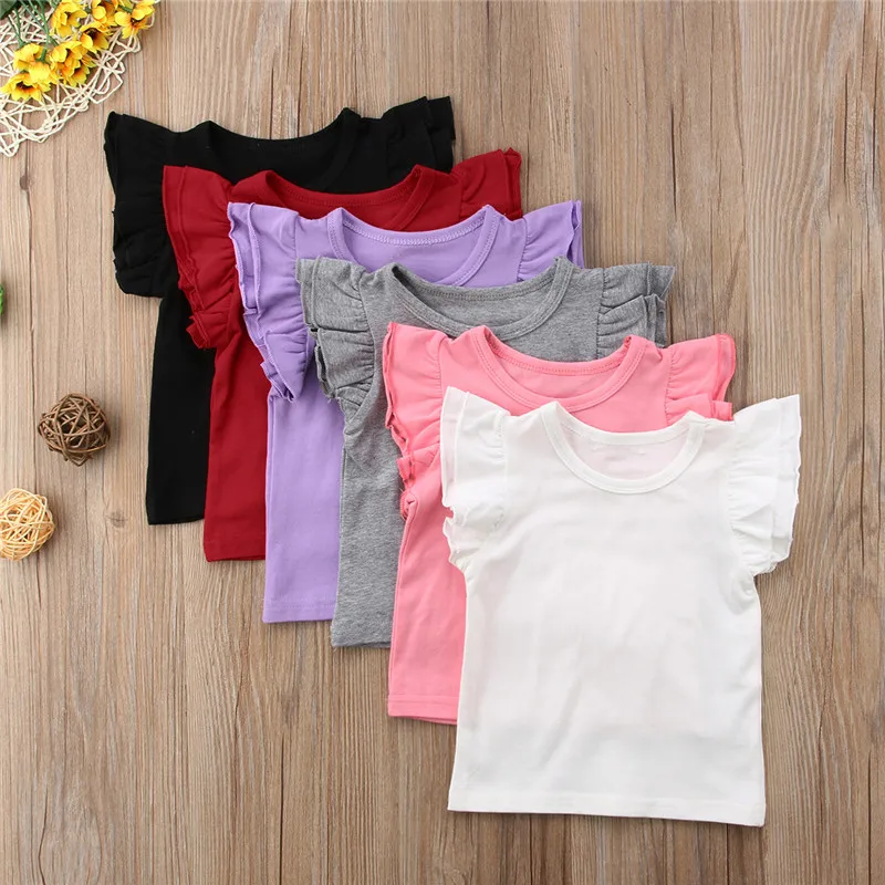 1-6Years Infant Girls T-Shirt Cotton Flying Sleeves T-Shirt For Girls Summer Solid Black White Pink Red Tee Tops
