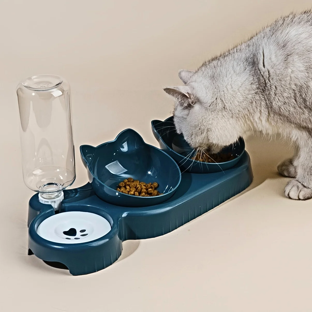 Pet Bowls With Water Feeder, 3 In 1 Ear Design Tilted Cat Water And Food Bowl Set With Gravity Water Bottle For Neck Protection thumbnail 2