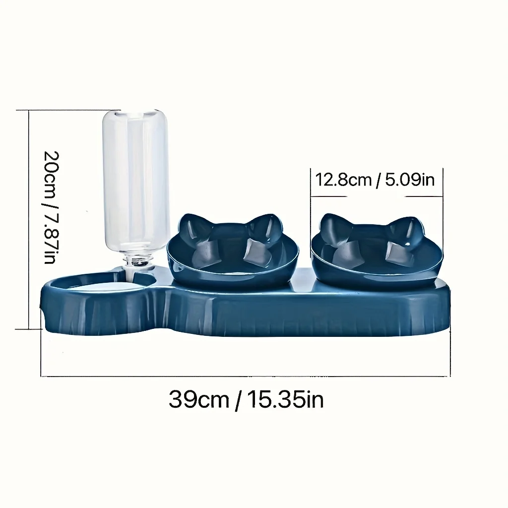Pet Bowls With Water Feeder, 3 In 1 Ear Design Tilted Cat Water And Food Bowl Set With Gravity Water Bottle For Neck Protection thumbnail 3