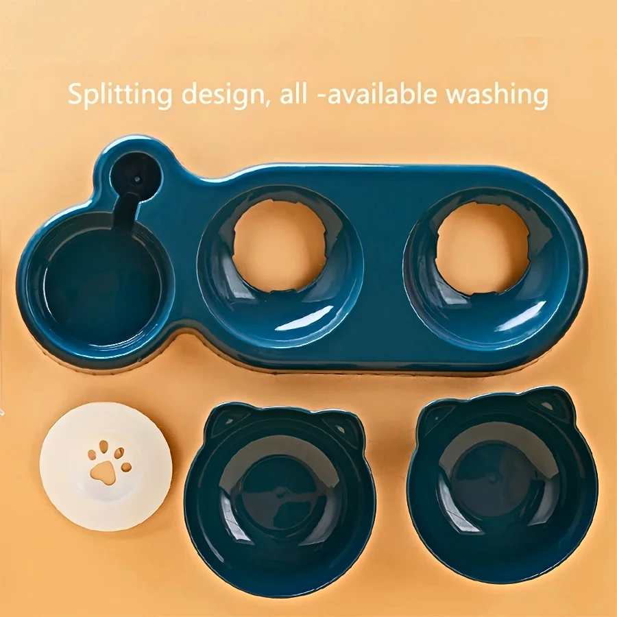 Pet Bowls With Water Feeder, 3 In 1 Ear Design Tilted Cat Water And Food Bowl Set With Gravity Water Bottle For Neck Protection thumbnail 6