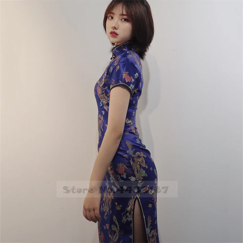 Oversize Female Long Qipao Chinese Dresses Retro Elegant Mandarin Collar Cheongsam Sexy Slim Brocade Dragon Phoenix Vestidos thumbnail 3