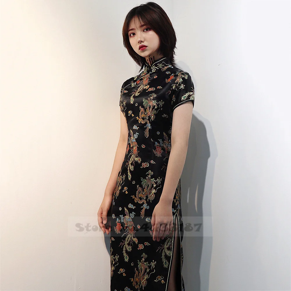 Oversize Female Long Qipao Chinese Dresses Retro Elegant Mandarin Collar Cheongsam Sexy Slim Brocade Dragon Phoenix Vestidos thumbnail 5