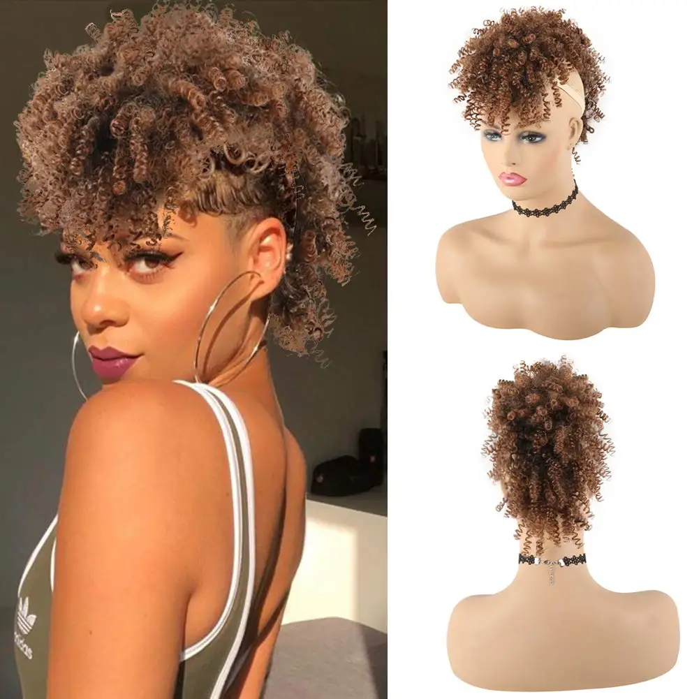Afro High Puff Hair Bun Ponytail Drawstring With Bangs Synthetic Jerry Curly Mohawk Kinkys Curly Fauxhawks Pony Tail Clip in on thumbnail 3