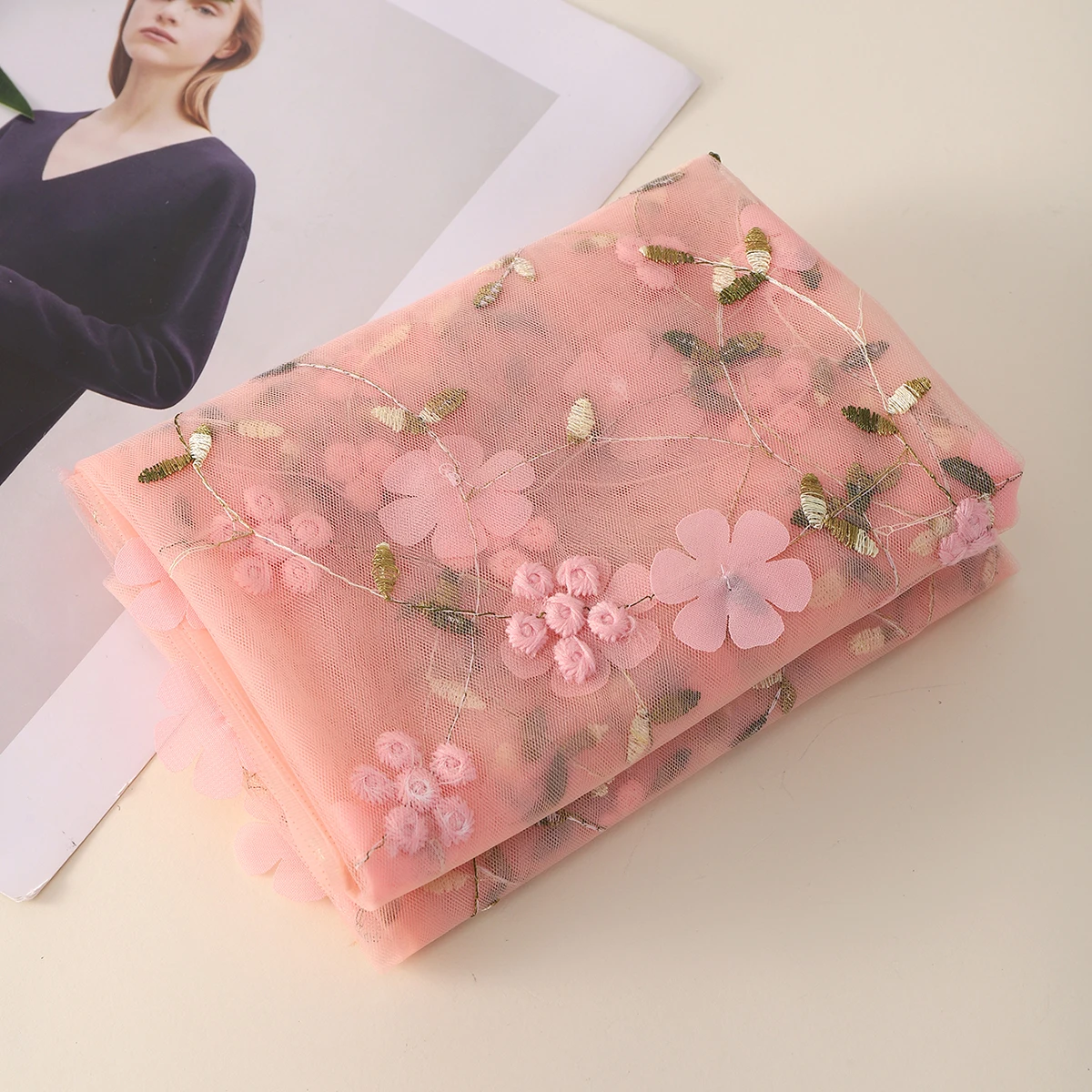 Floral Pattern Fabric Dusty Pink Flower Embroidery Mesh Lace Fabric Soft Tulle Fabric for DIY Clothing thumbnail 3