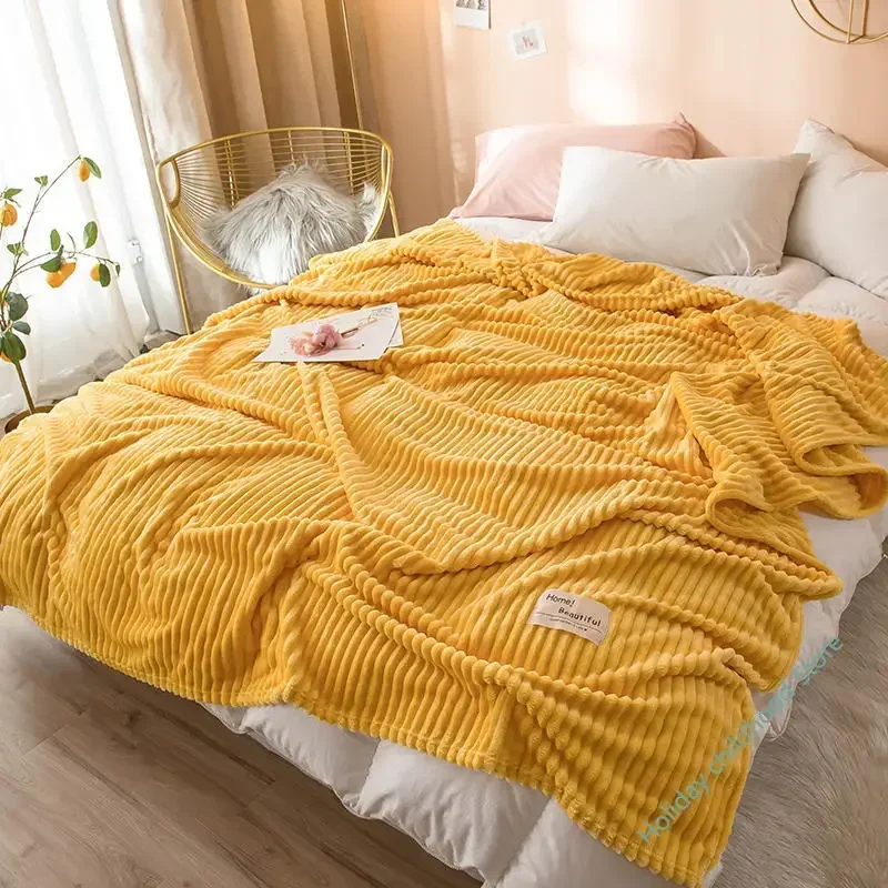 Blankets for Beds Solid Yellow Color Soft Warm 300GSM Plaid Square Flannel Blanket On the Bed Thickness Throw Blanket thumbnail 4