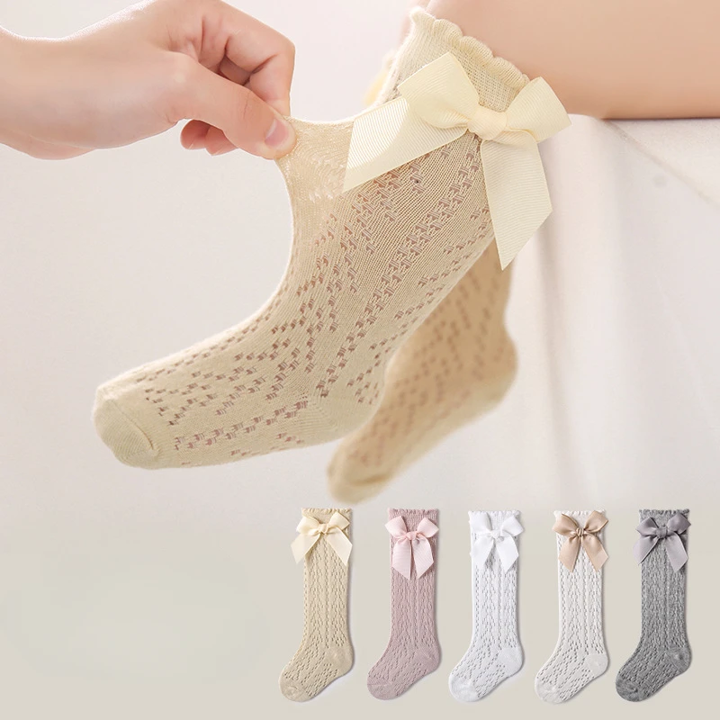 Summer Baby Girls Socks Toddler Bow Long Sock Kids Knee High Soft Cotton Mesh Stocking Spanish Style Hollow Out Lace Socks 0-3Y thumbnail 2