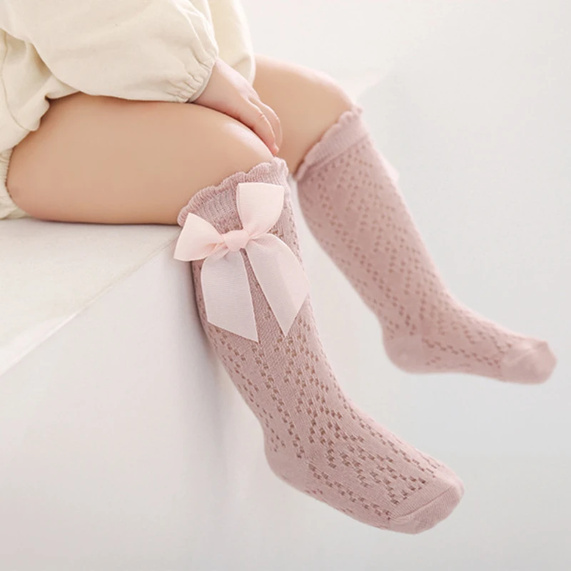 Summer Baby Girls Socks Toddler Bow Long Sock Kids Knee High Soft Cotton Mesh Stocking Spanish Style Hollow Out Lace Socks 0-3Y thumbnail 4
