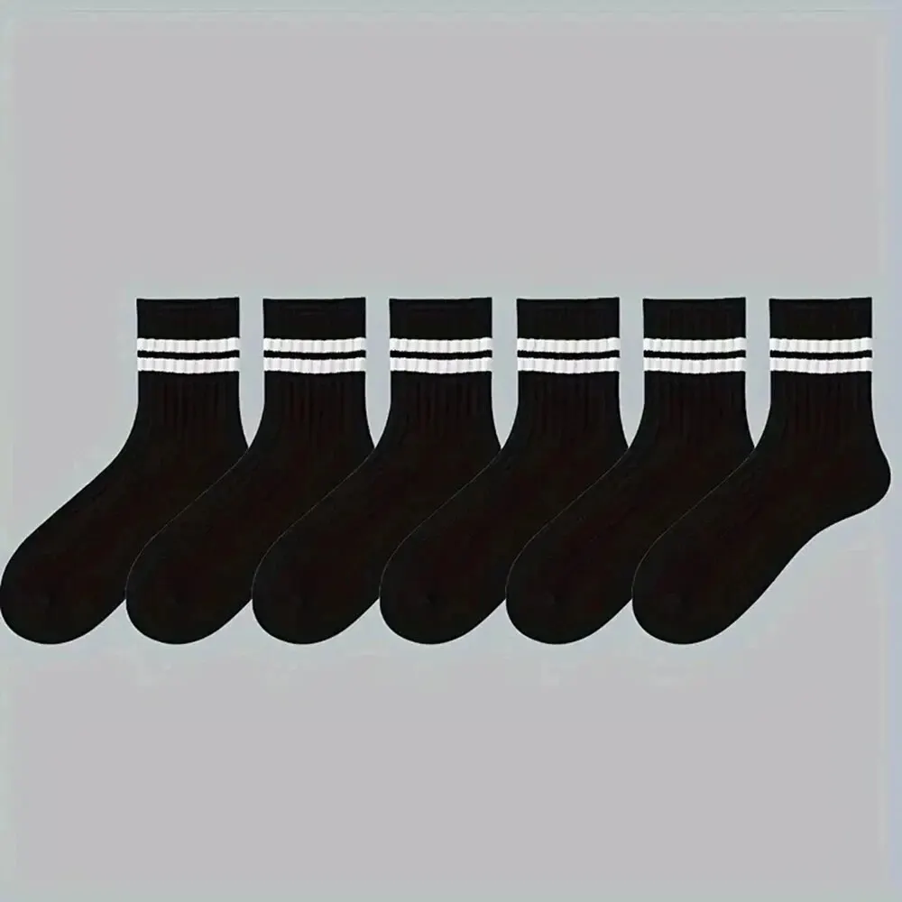 6/10 Pairs Men's Socks Spring Autumn Simple Casual Black White Striped Socks Breathable Mid Tube Sock High-quality Round Neck thumbnail 5