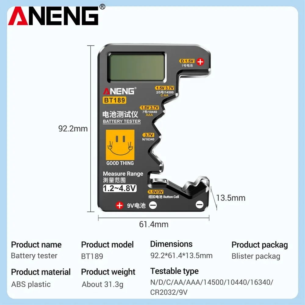 ANENG BT189 Button Cell Battery Tester 9V N D C AA AAA Universal Household LCD Display Battery Tester Power Bank Detectors Tools thumbnail 6