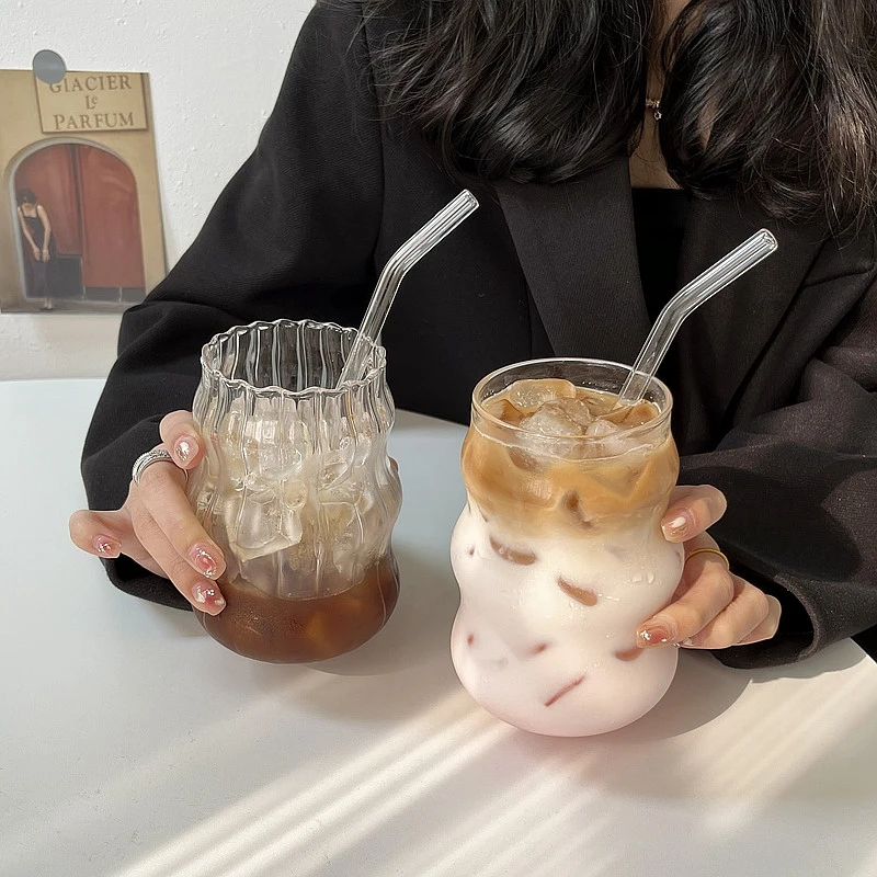 Glass Cups Drinkware and Barware Cold Coffee Cups Latte Coffee Glass Iced Water Bottle Aesthetic Cup Wine Cocktail Glass Cups
