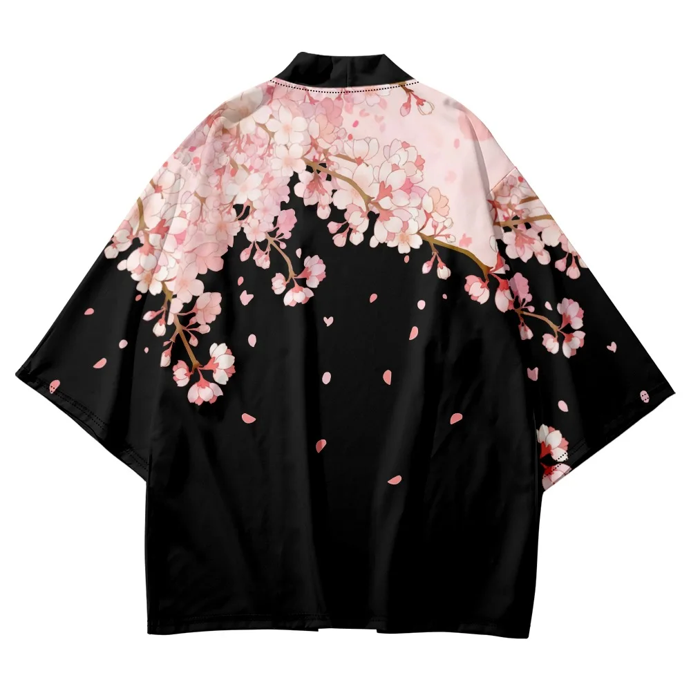 Asian Traditional Clothes Pink Floral Printed Japanese Kimono Men Women Loose 7 Sleeve Harajuku Haori Fashion Beach Cardigan thumbnail 4