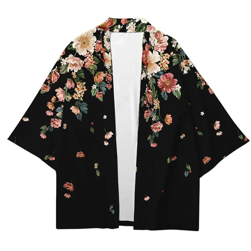 Asian Traditional Clothes Pink Floral Printed Japanese Kimono Men Women Loose 7 Sleeve Harajuku Haori Fashion Beach Cardigan thumbnail 3