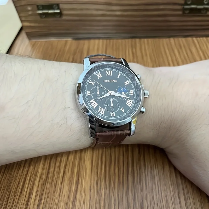 GENEVA High Quality Men's Luxury Belt Fashion Quartz Watch Men Round Business Student Sport Waterproof Glow Clock thumbnail 5