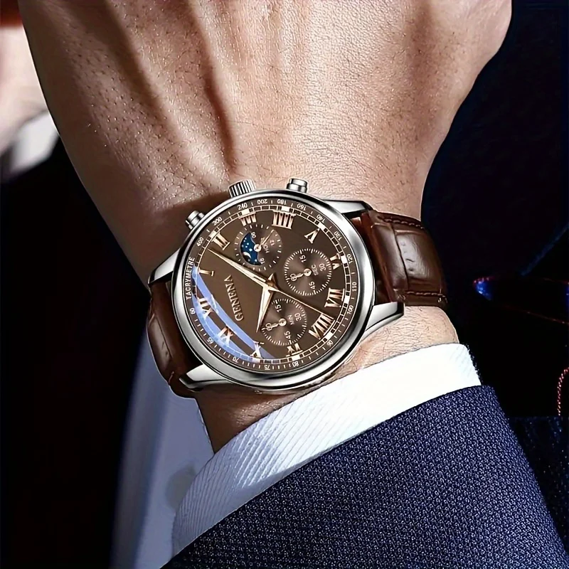 GENEVA High Quality Men's Luxury Belt Fashion Quartz Watch Men Round Business Student Sport Waterproof Glow Clock thumbnail 2