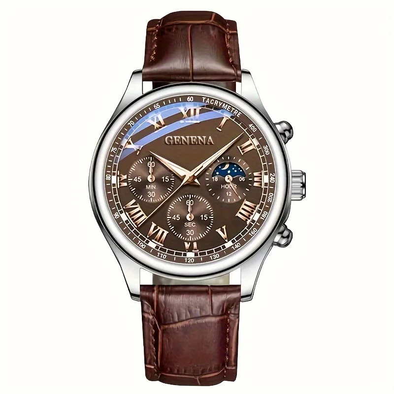 GENEVA High Quality Men's Luxury Belt Fashion Quartz Watch Men Round Business Student Sport Waterproof Glow Clock thumbnail 6