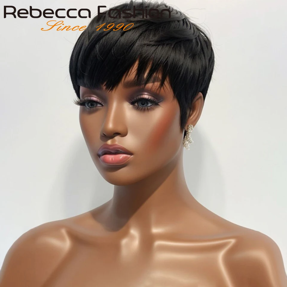 1B Pixie Short Cut Colored Straight Human Hair Wigs With Bangs Fringe Full Machine Made Wigs For Women Brazilian Natural Black thumbnail 4