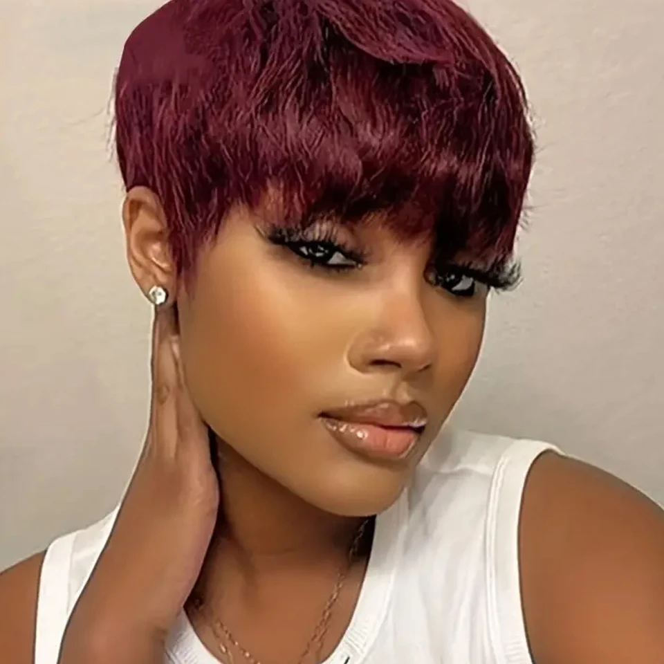 1B Pixie Short Cut Colored Straight Human Hair Wigs With Bangs Fringe Full Machine Made Wigs For Women Brazilian Natural Black thumbnail 6
