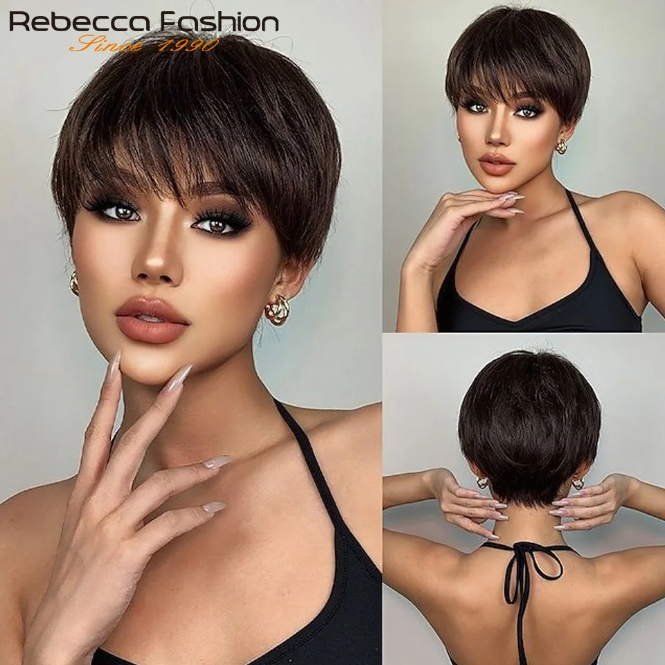 1B Pixie Short Cut Colored Straight Human Hair Wigs With Bangs Fringe Full Machine Made Wigs For Women Brazilian Natural Black thumbnail 5
