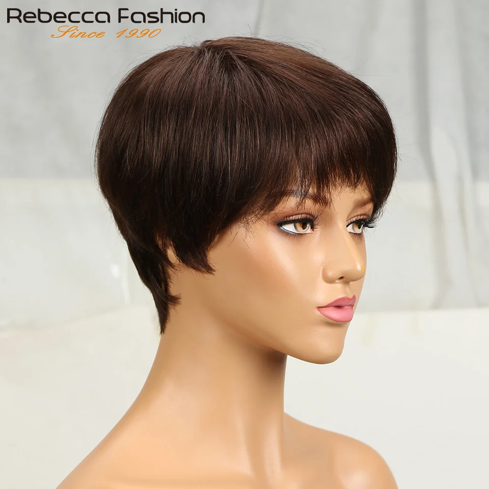 1B Pixie Short Cut Colored Straight Human Hair Wigs With Bangs Fringe Full Machine Made Wigs For Women Brazilian Natural Black thumbnail 2