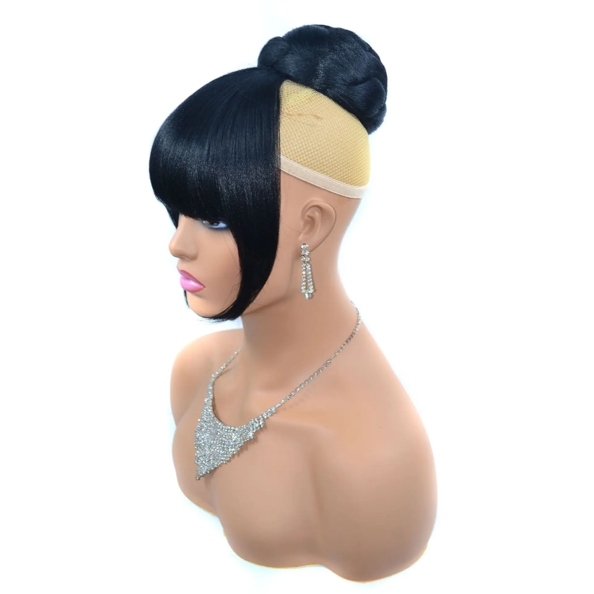 Jeedou Synthetic Hairpieces Spherical Updos Chignon With Bangs Clip In Hair Bun Pad Donut Rubber Band Black Color thumbnail 6