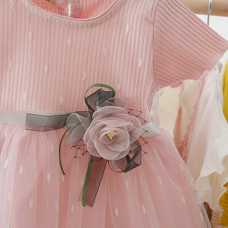 Summer New Baby Girls Dress Sweet Princess Dress Flower Ribbon Mesh Shaggy Gauze Dress Birthday Party Dress thumbnail 4