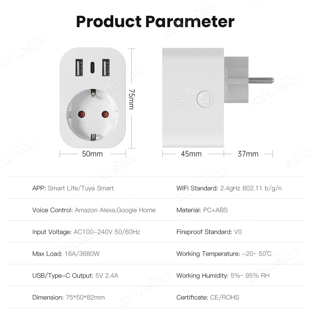Tuya WiFi Smart Plug 16A EU Smart Socket with 2 USB 1 Type C Phone Charger Home Appliance Plug Adapter Works with Alexa Google thumbnail 6