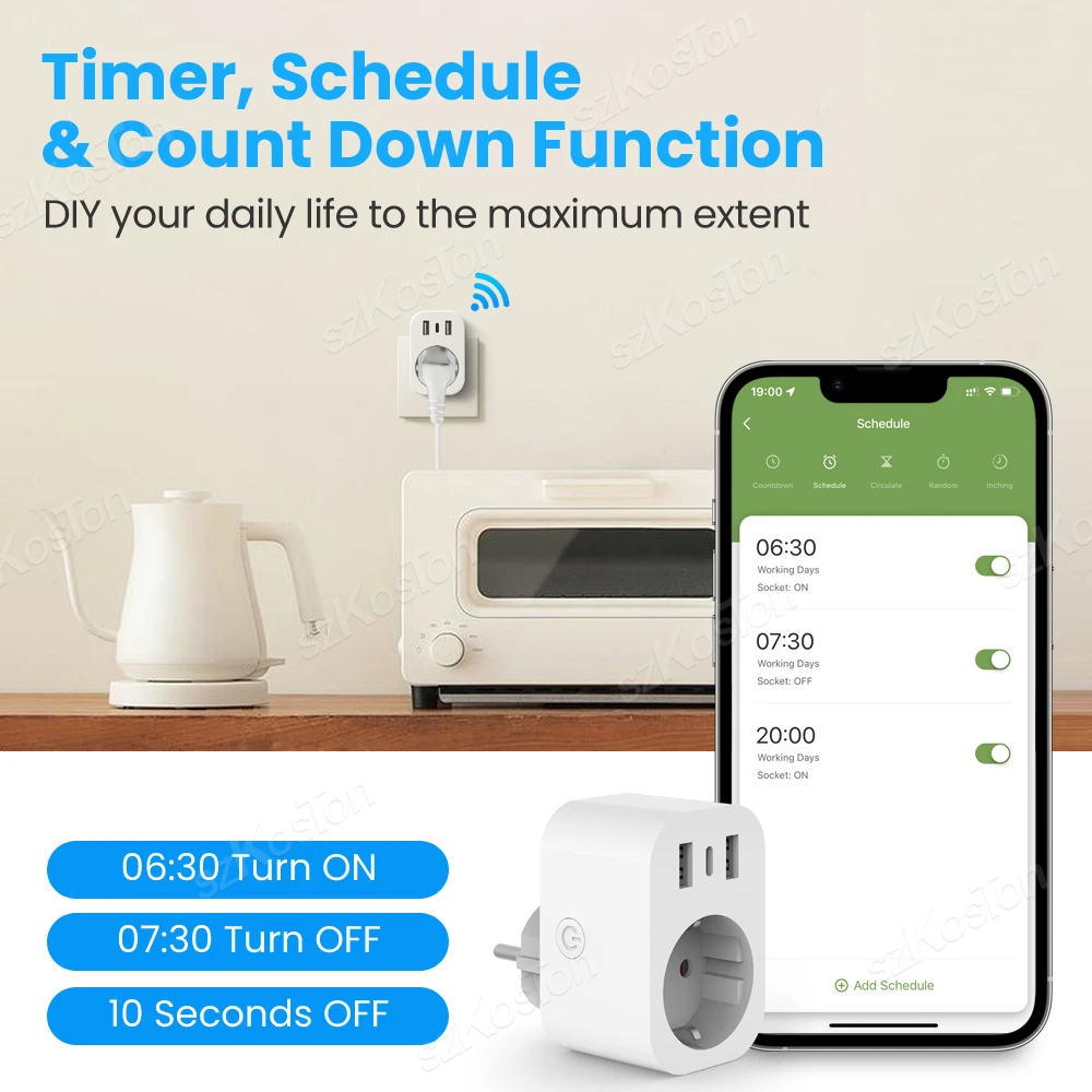 Tuya WiFi Smart Plug 16A EU Smart Socket with 2 USB 1 Type C Phone Charger Home Appliance Plug Adapter Works with Alexa Google thumbnail 4