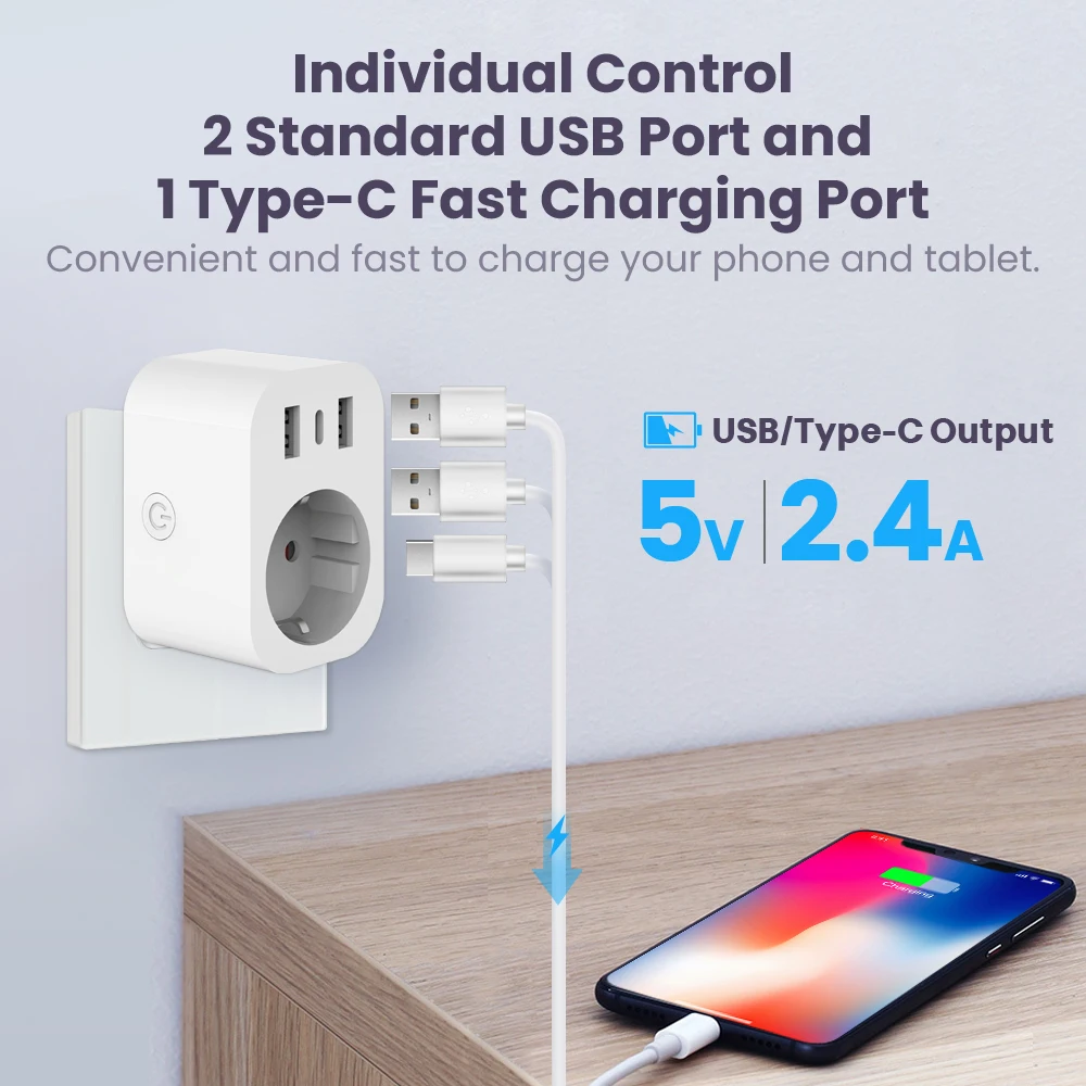 Tuya WiFi Smart Plug 16A EU Smart Socket with 2 USB 1 Type C Phone Charger Home Appliance Plug Adapter Works with Alexa Google thumbnail 3