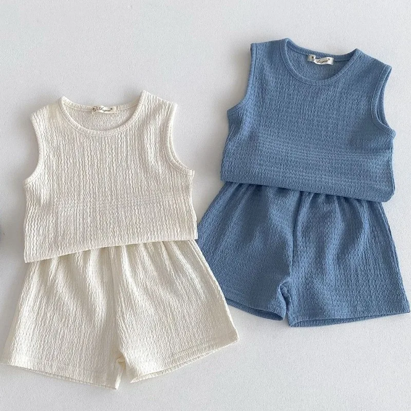 New Arrival Korean Style Solid Baby Gauze Homewear Children Breathable Loose Sleeveless Tank Tops + Shorts 2Pcs Thin Pajamas Set