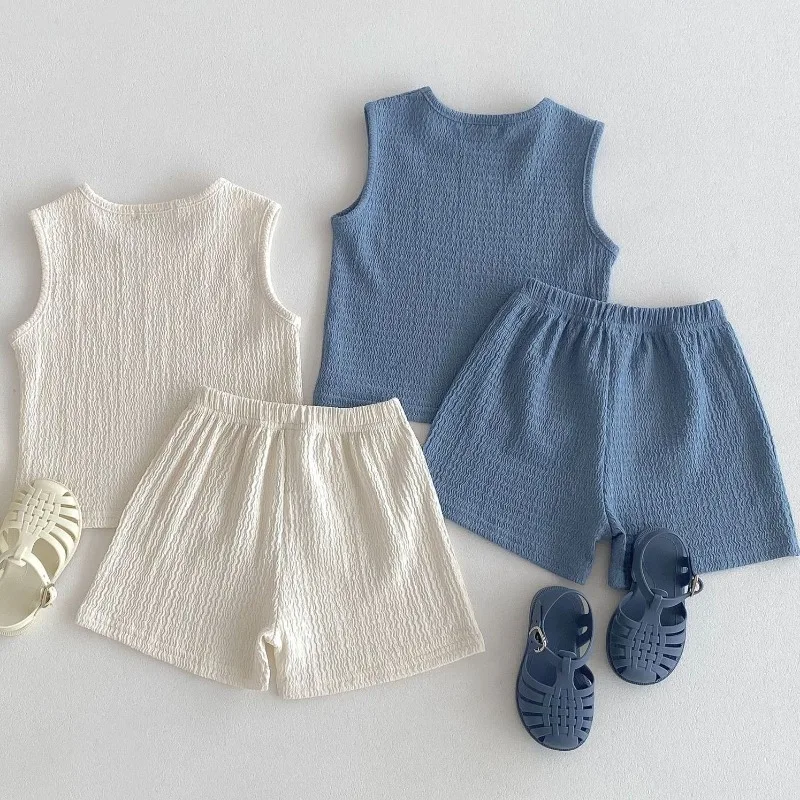 New Arrival Korean Style Solid Baby Gauze Homewear Children Breathable Loose Sleeveless Tank Tops + Shorts 2Pcs Thin Pajamas Set thumbnail 3